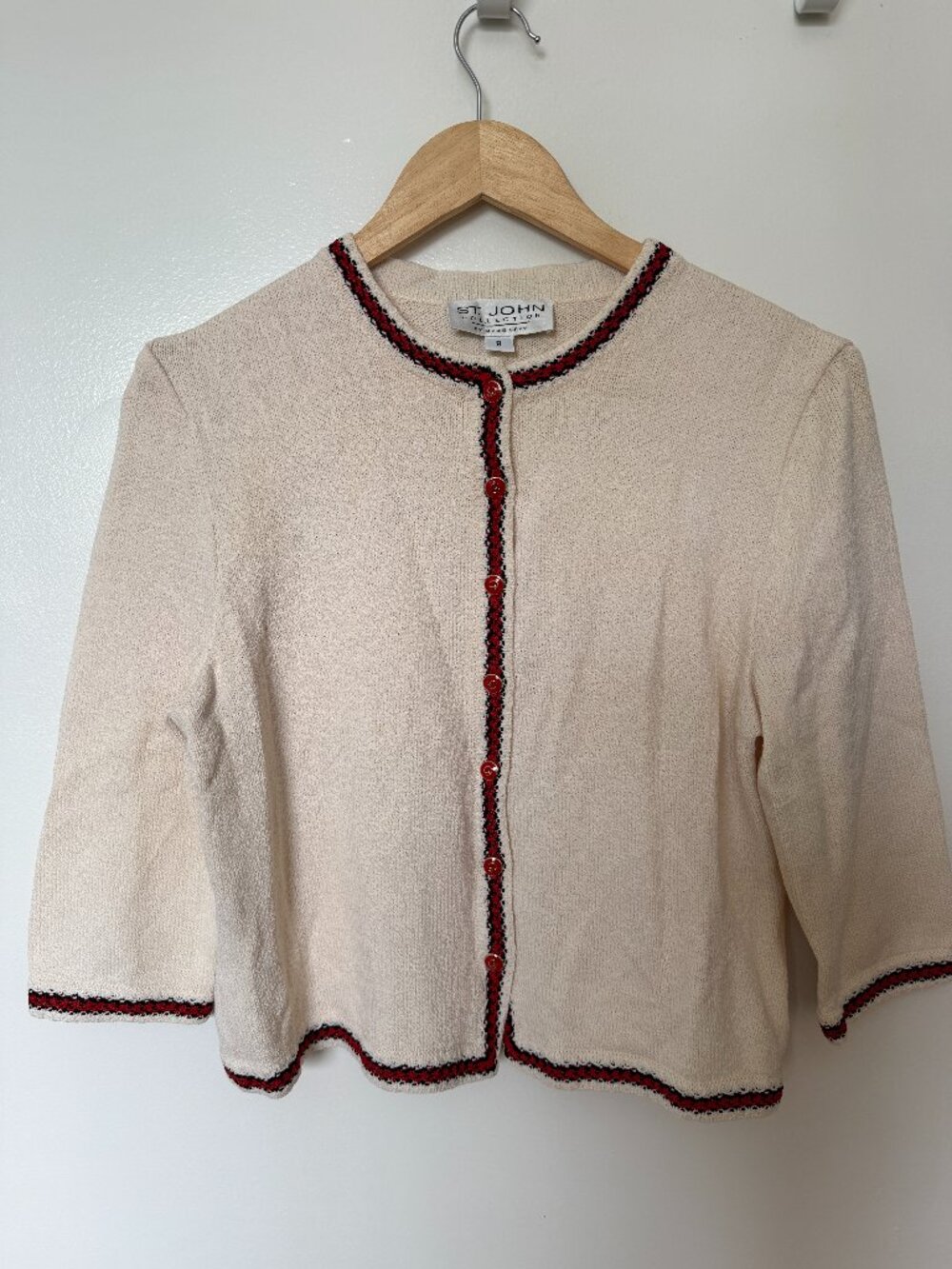 St. John Collection by Marie Gray | Cream Knit Sweater Jacket | Red & Black trim